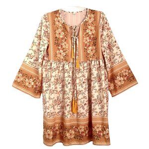 Made With Love size S Patterned Tunic Dress Loose Peplum Double-Tassel Tie Boho